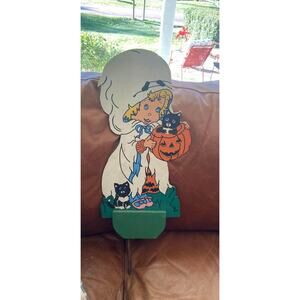 Vintage Kitsch Halloween Outdoor Painted Wood Yard Decor Girl Ghost Black Cat